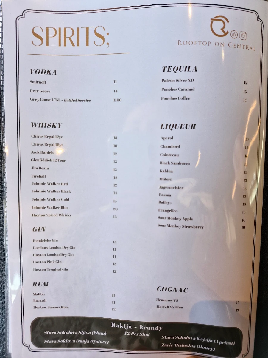 Menu, Rooftop on Central