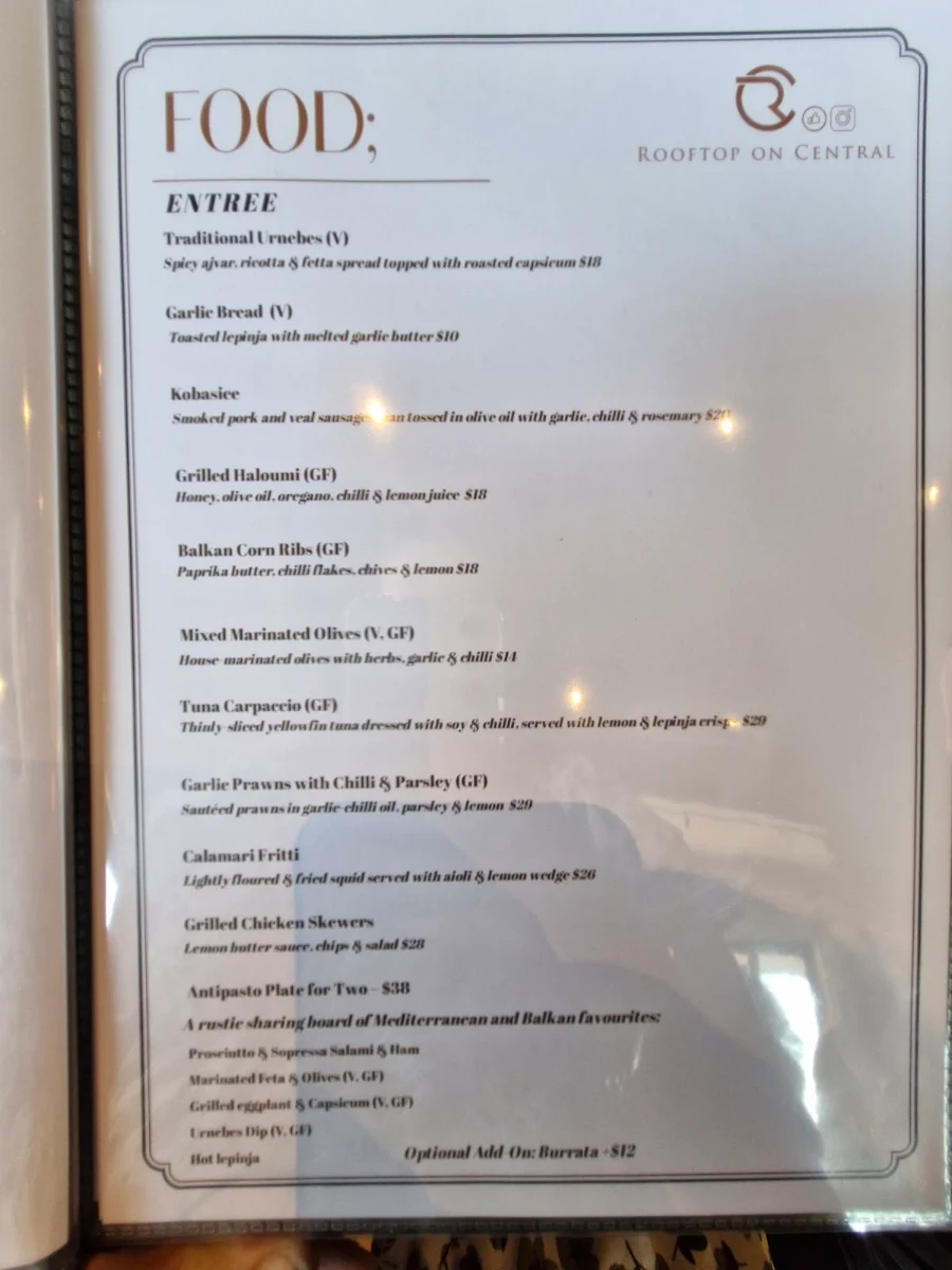 Menu, Rooftop on Central