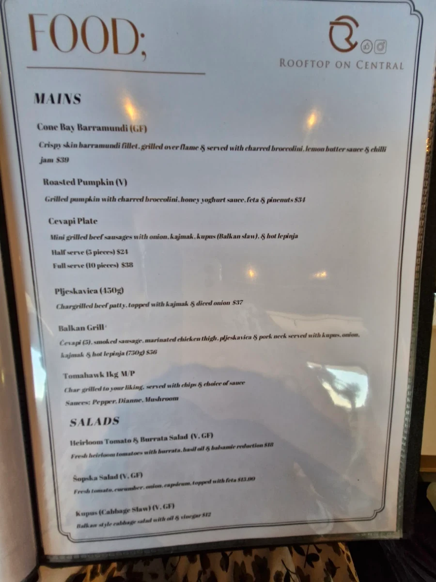 Menu, Rooftop on Central