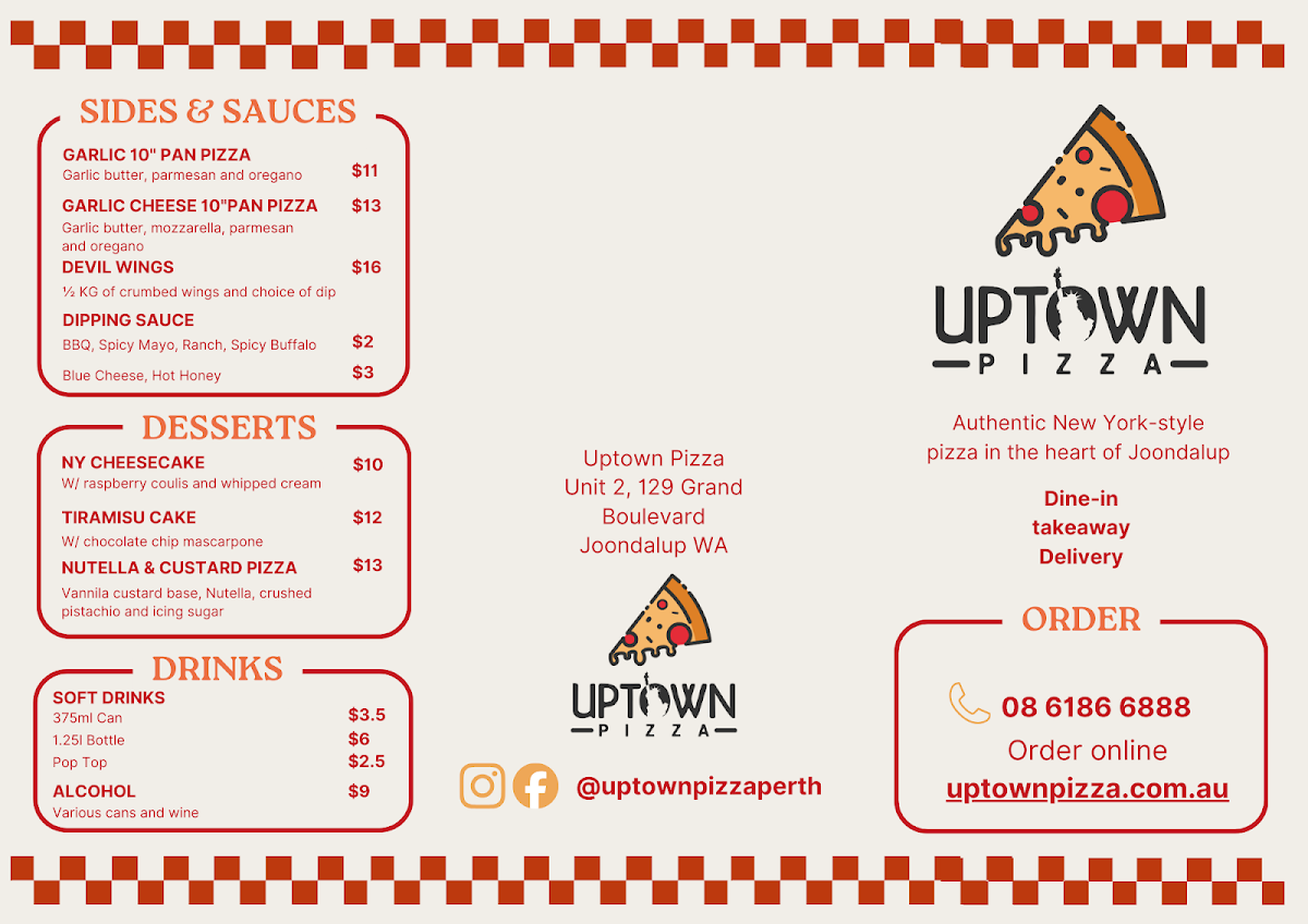 Menu, Uptown Pizza