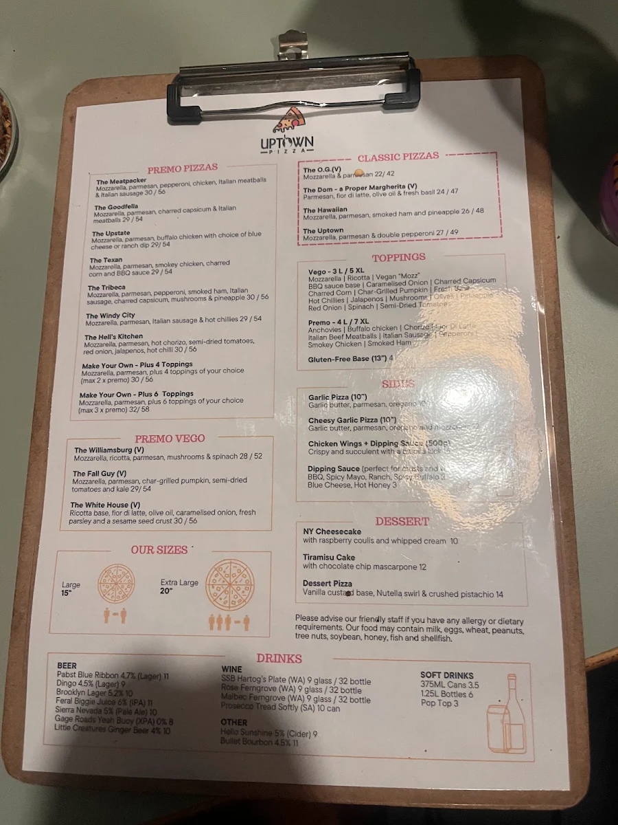 Menu, Uptown Pizza