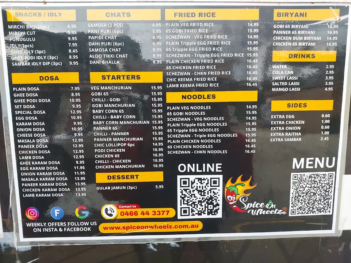 Menu, Spice On WheelZ Restaurant