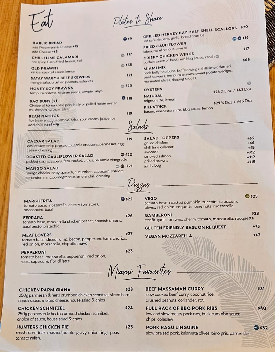 Menu, Miami Tavern