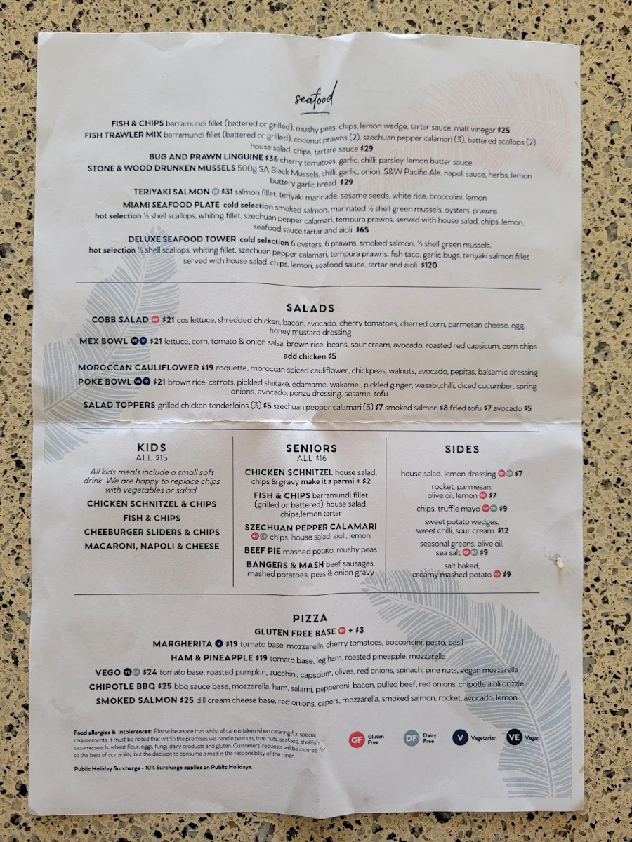 Menu, Miami Tavern