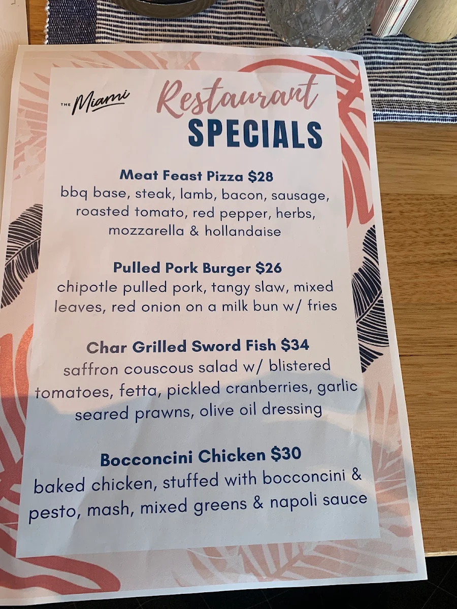 Menu, Miami Tavern