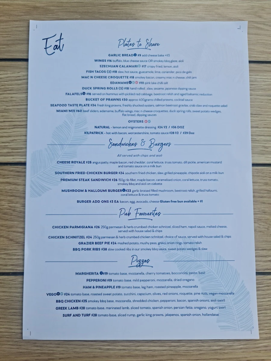 Menu, Miami Tavern