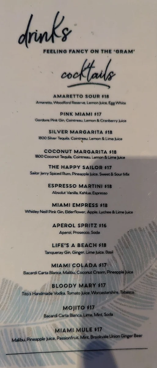 Menu, Miami Tavern