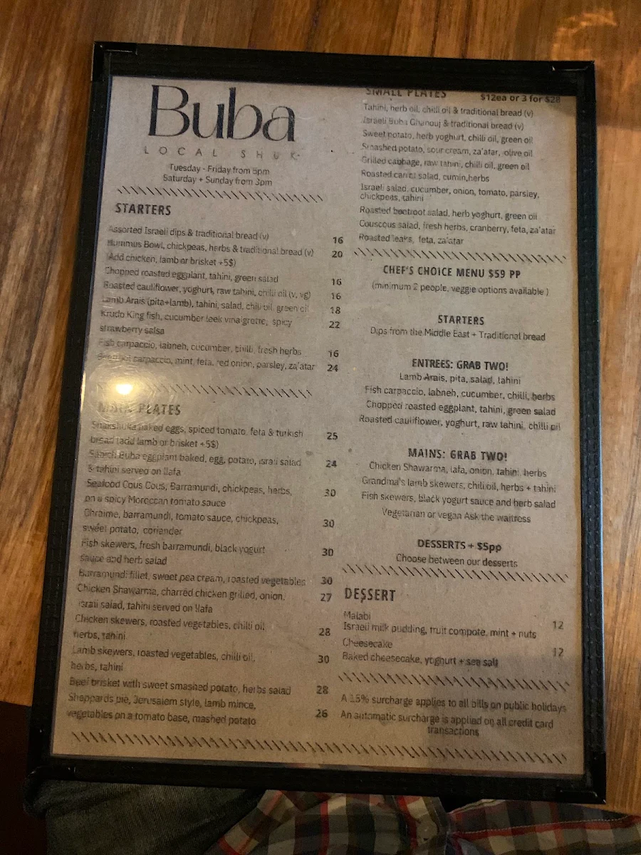 Menu, Buba Middle Eastern Kitchen & Bar