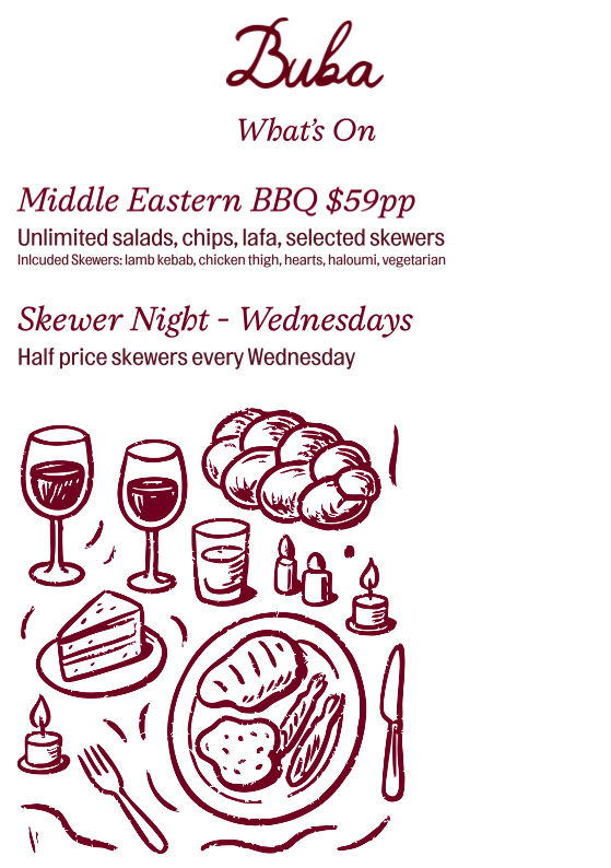 Menu, Buba Middle Eastern Kitchen & Bar