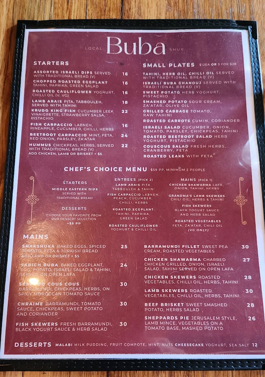 Menu, Buba Middle Eastern Kitchen & Bar