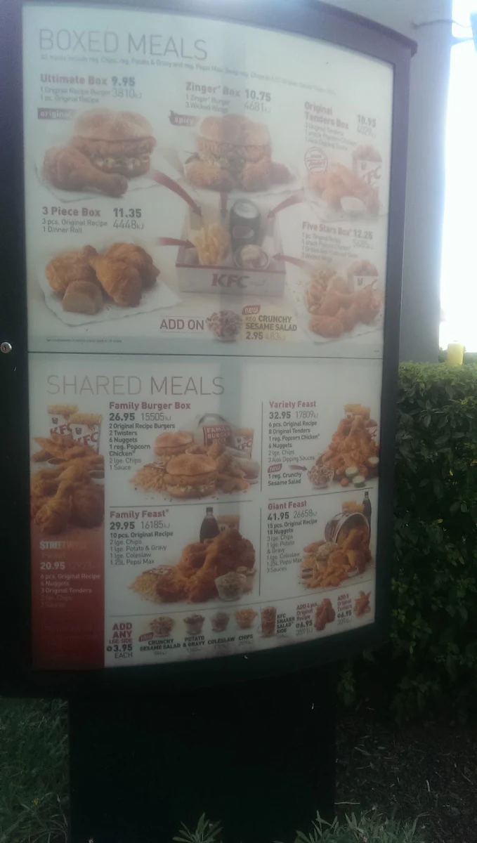 Menu, KFC Sunbury