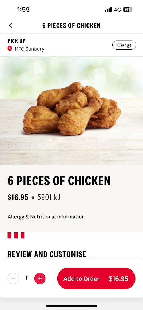 Menu, KFC Sunbury