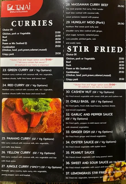 Menu, EATHAI @Murwillumbah