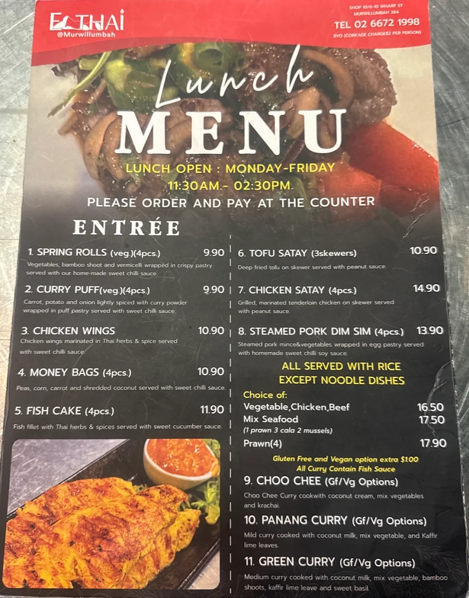 Menu, EATHAI @Murwillumbah