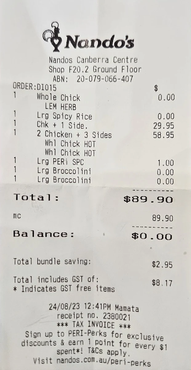 Menu, Nando's Canberra Centre