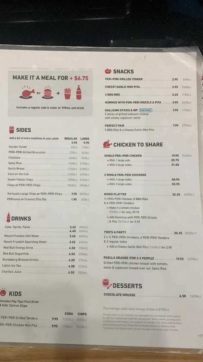 Menu, Nando's Canberra Centre