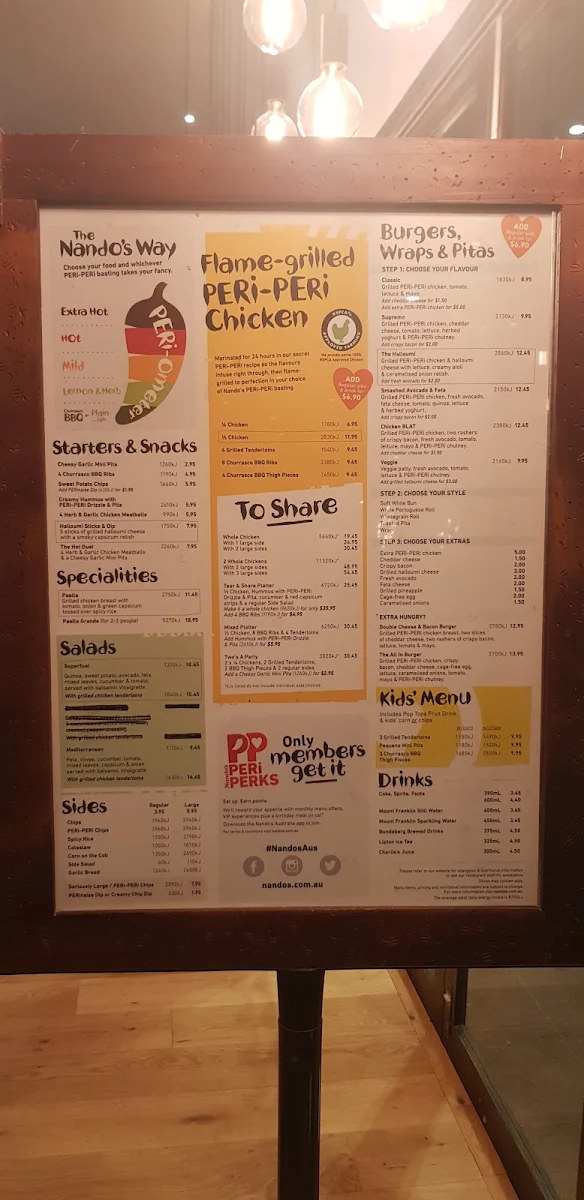 Menu, Nando's Canberra Centre