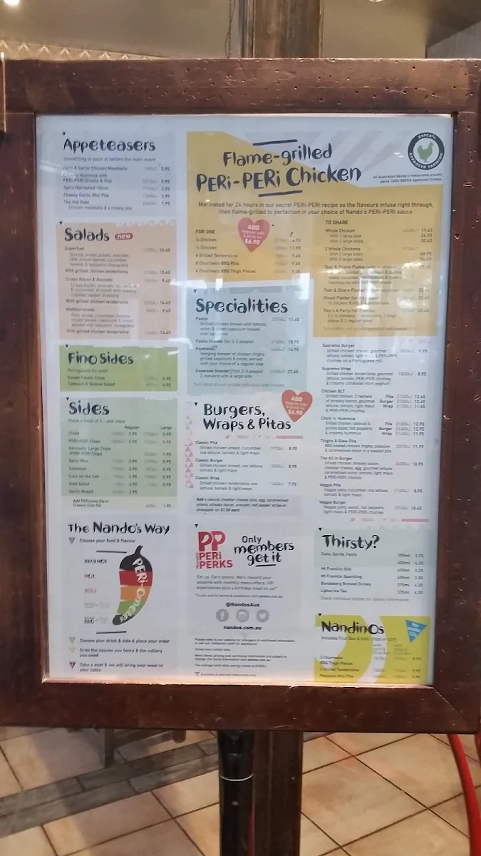 Menu, Nando's Canberra Centre