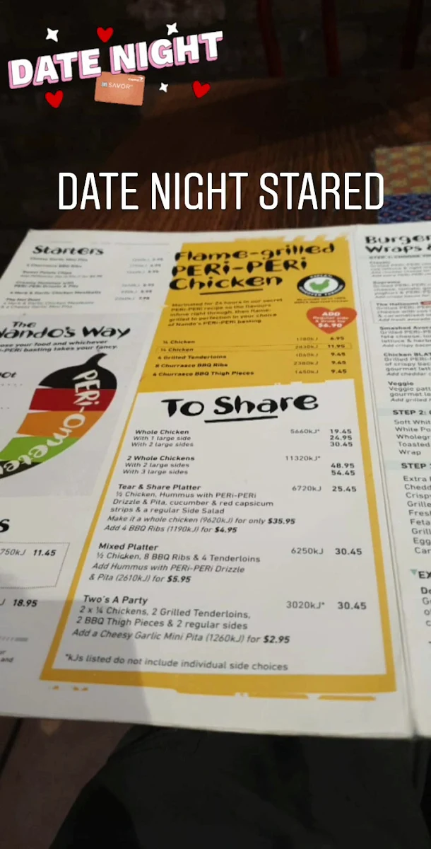 Menu, Nando's Canberra Centre