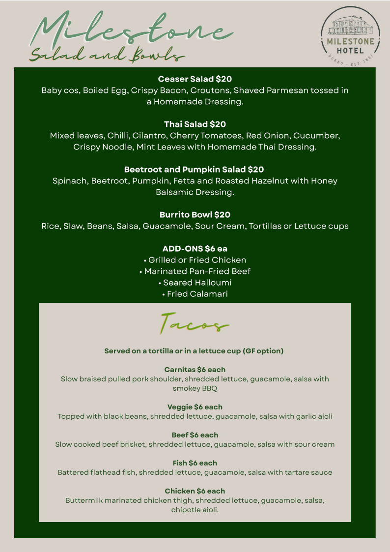 Menu, Milestone Hotel