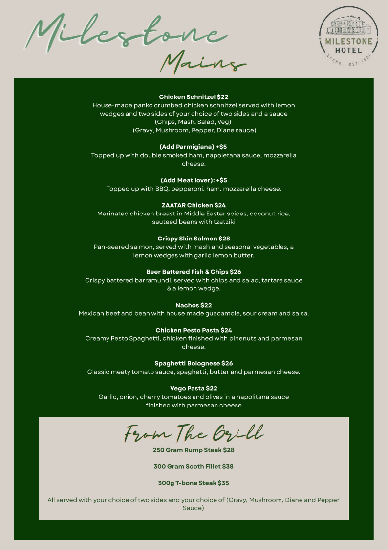 Menu, Milestone Hotel