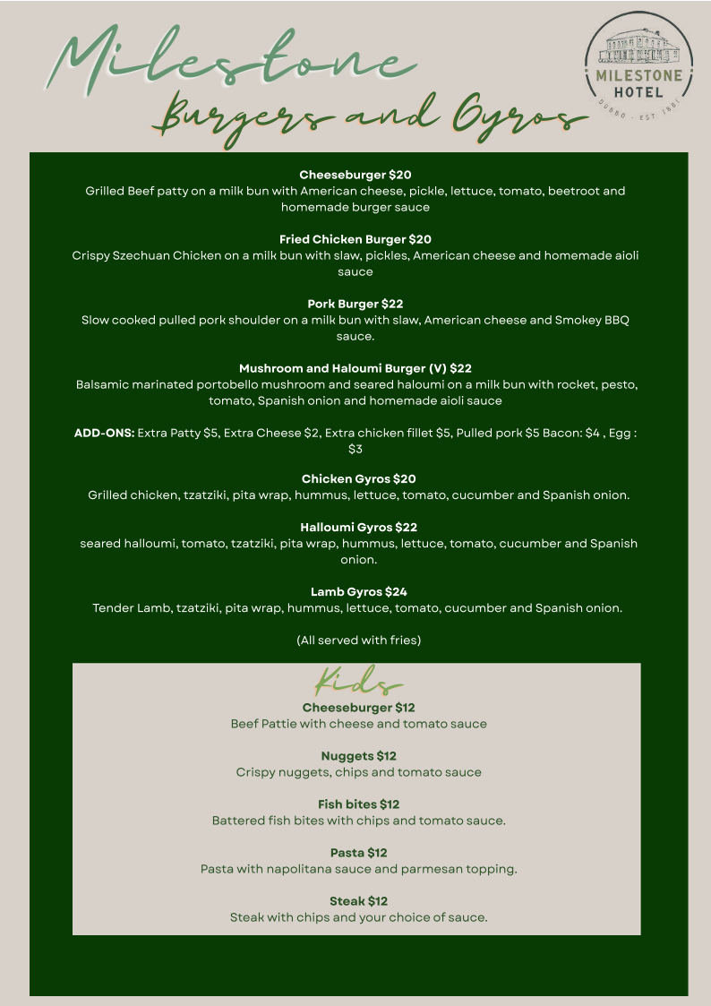 Menu, Milestone Hotel