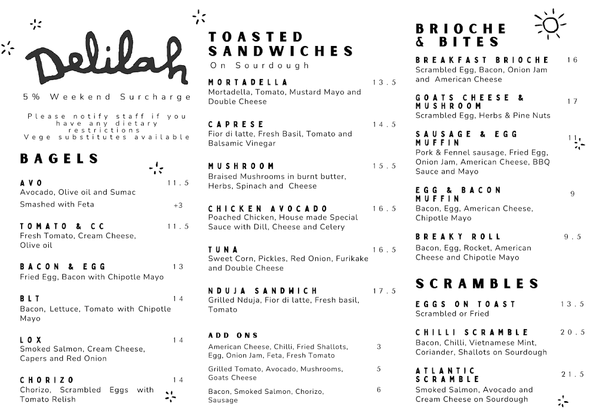 Menu, Delilah