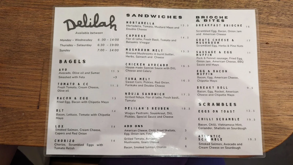 Menu, Delilah