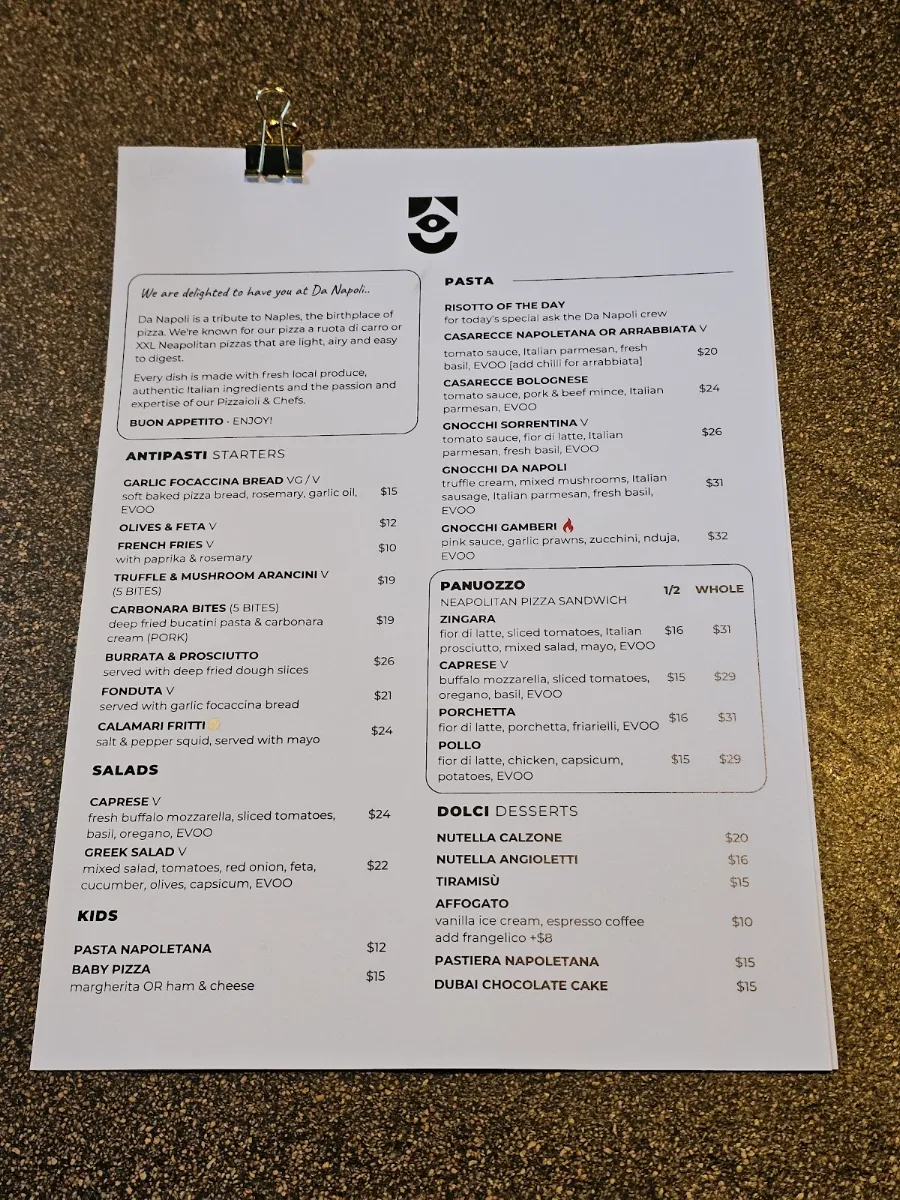 Menu, Pizzeria Da Napoli Fremantle