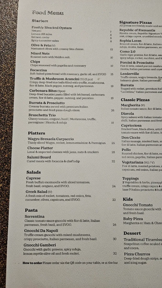 Menu, Pizzeria Da Napoli Fremantle