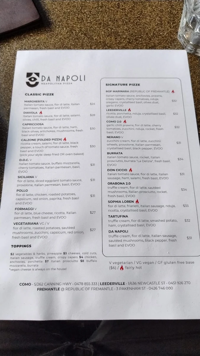 Menu, Pizzeria Da Napoli Fremantle