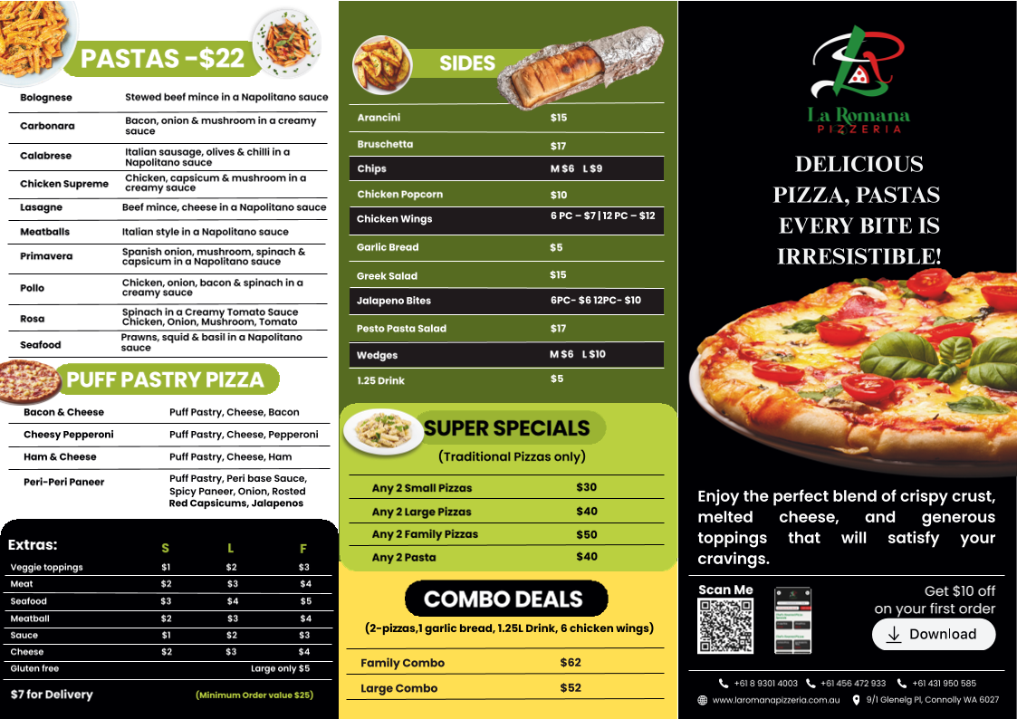 Menu, La Romana Pizzeria Connolly