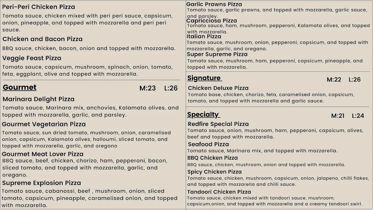 Menu, Red Fire pizza and kebab