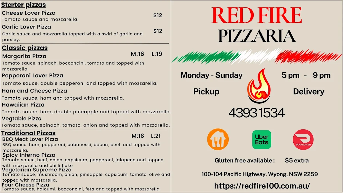 Menu, Red Fire pizza and kebab