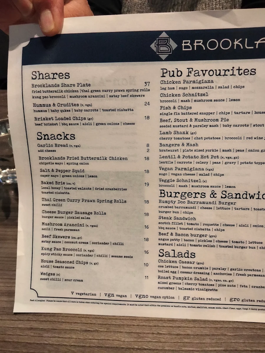 Menu, Brooklands Tavern