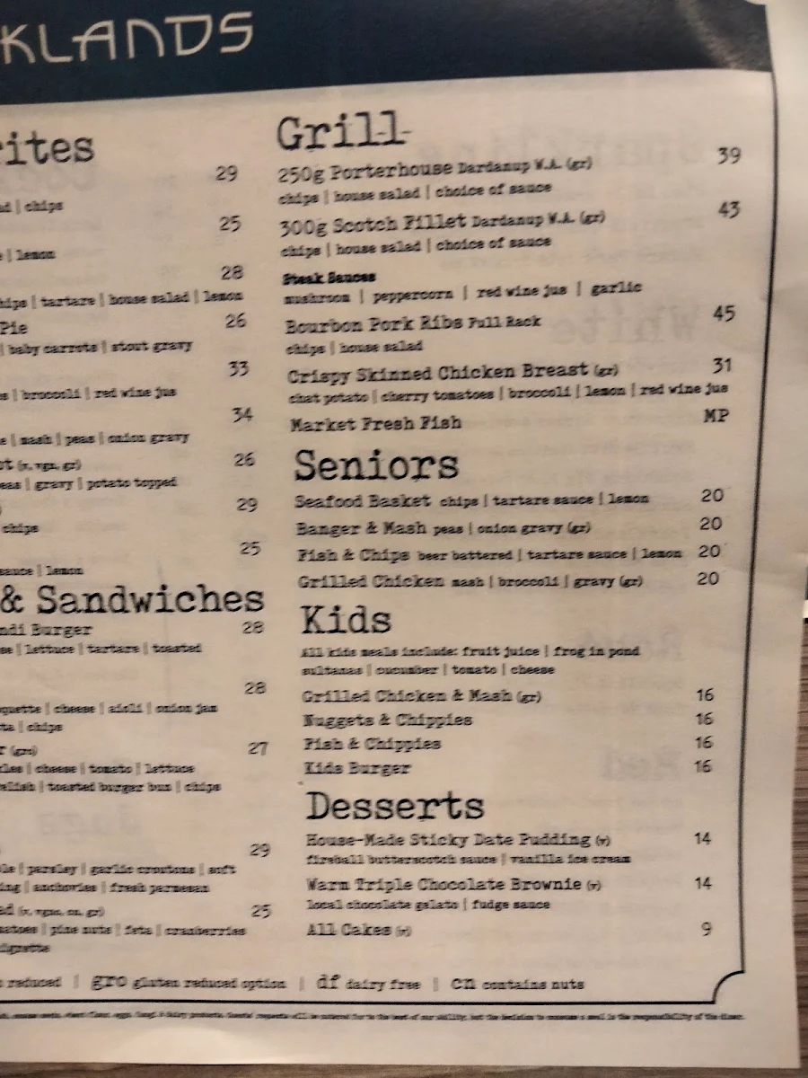 Menu, Brooklands Tavern