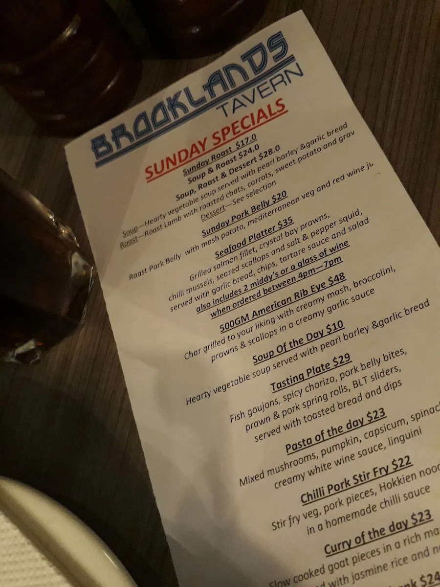 Menu, Brooklands Tavern