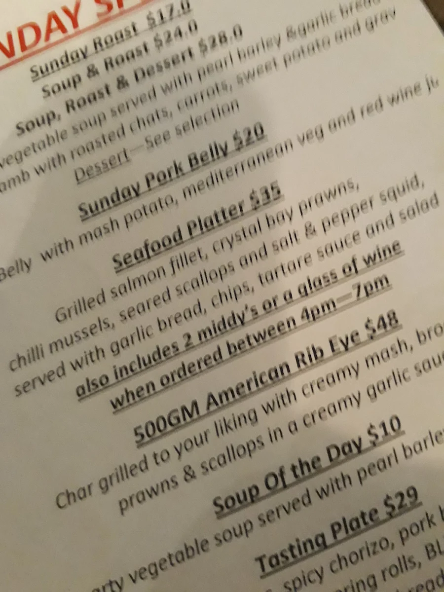 Menu, Brooklands Tavern