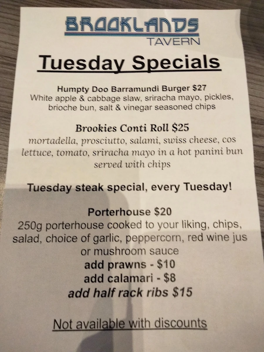Menu, Brooklands Tavern
