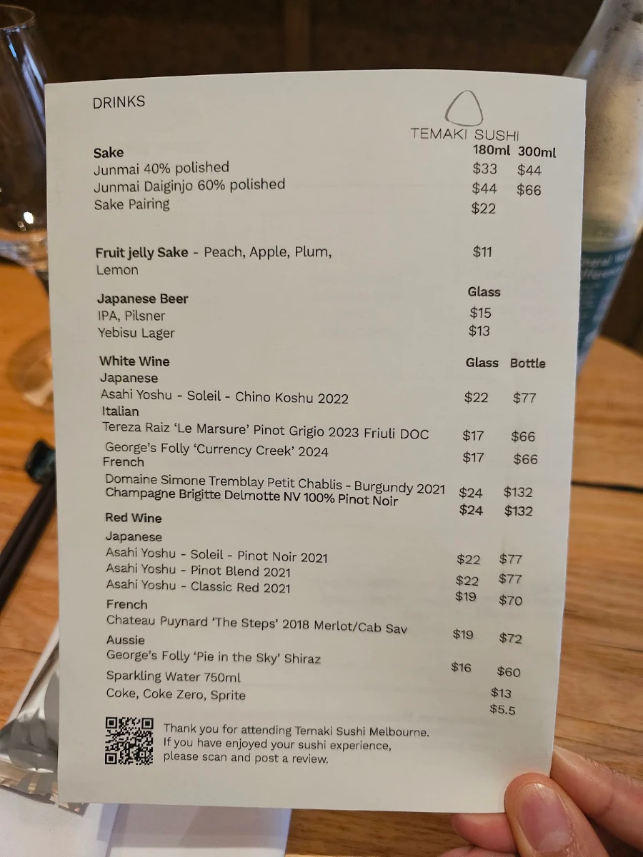 Menu, Temaki Sushi Melbourne