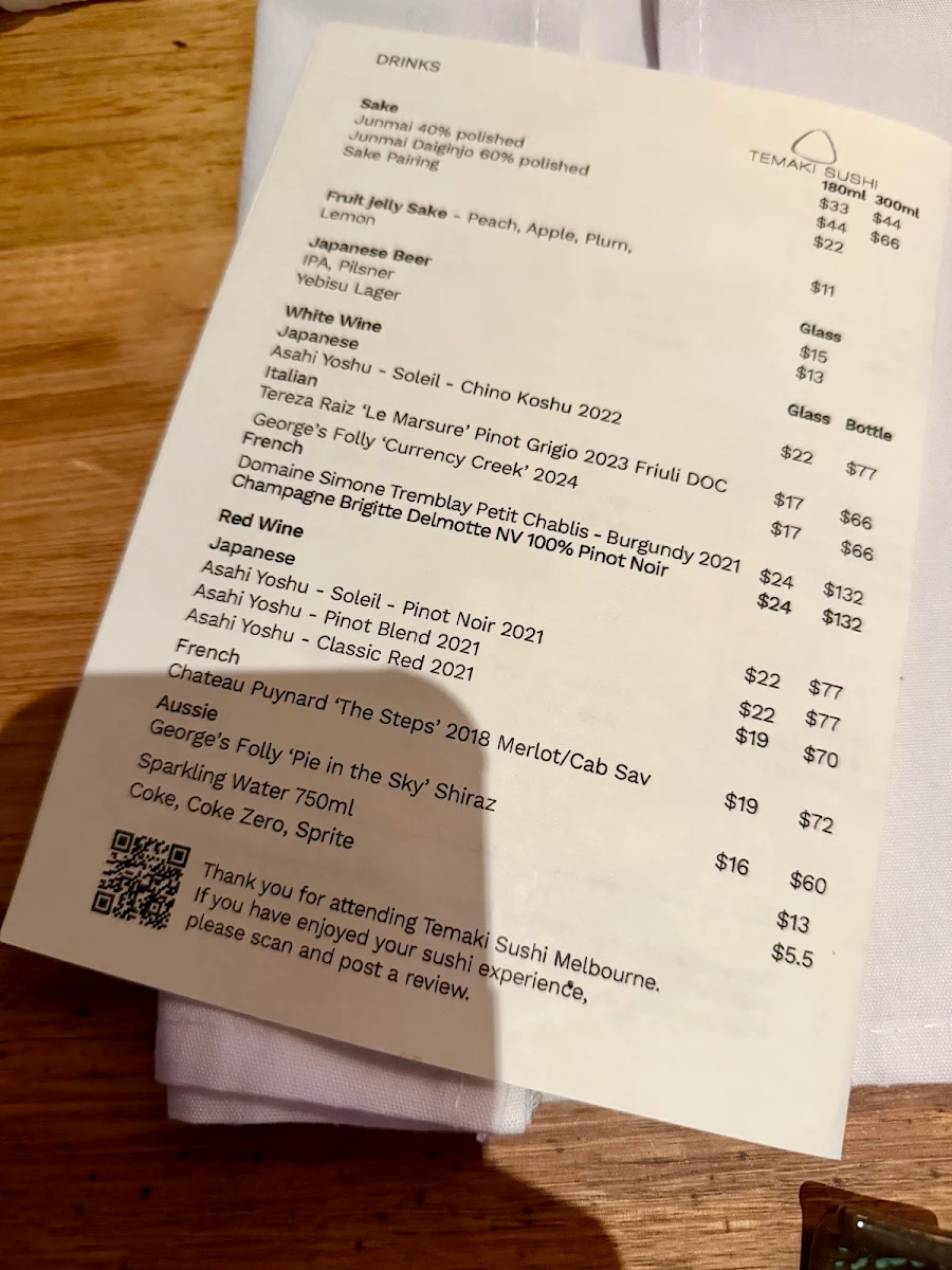 Menu, Temaki Sushi Melbourne