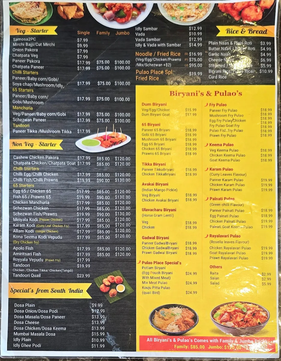 Menu, Pulao Place