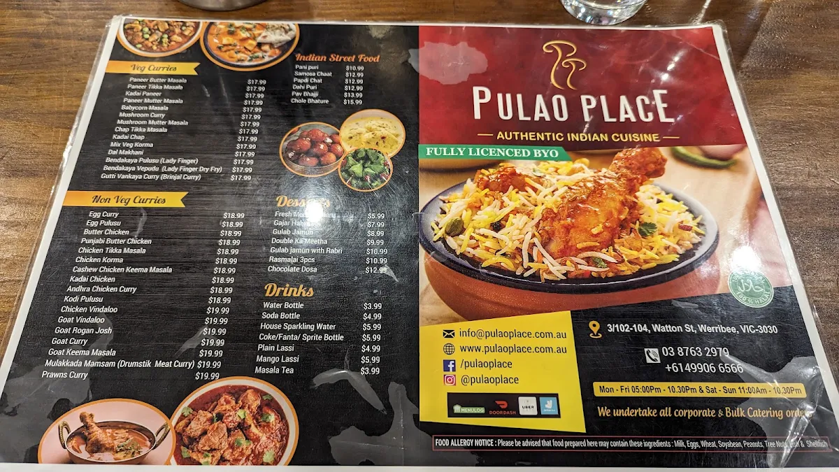 Menu, Pulao Place