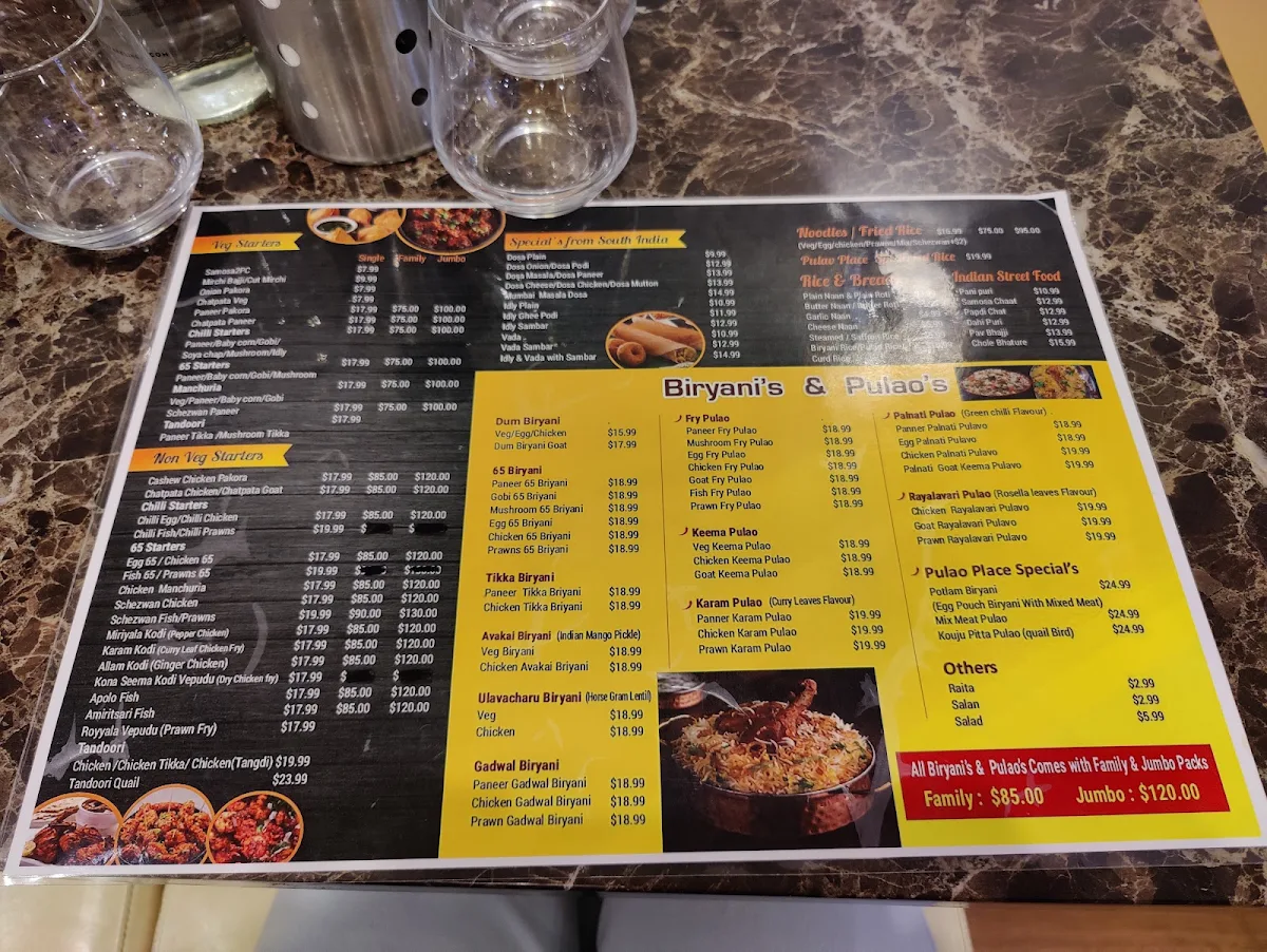 Menu, Pulao Place