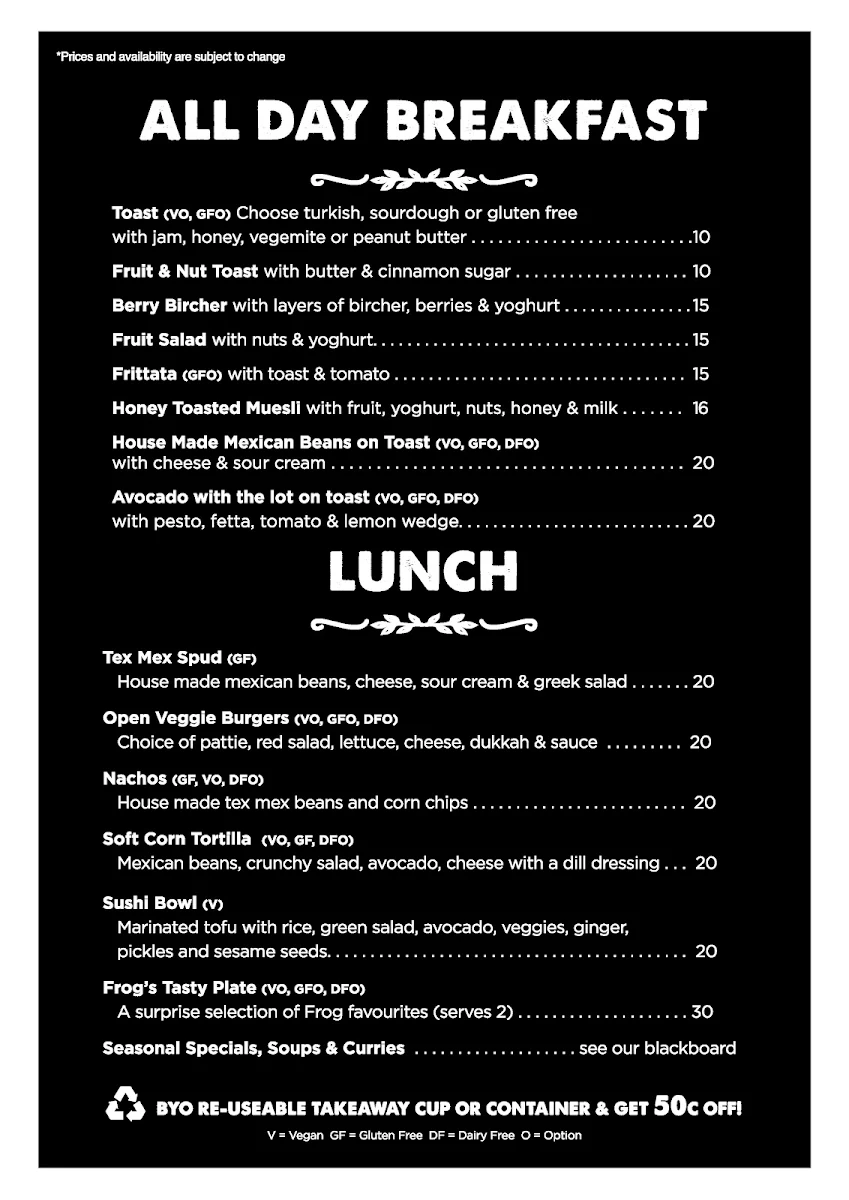 Menu, The Happy Frog