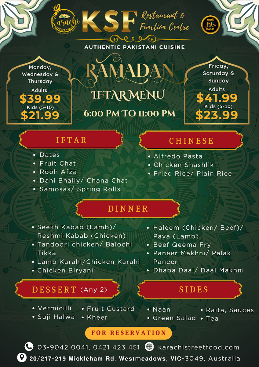 Menu, Karachi Street Food Restaurant (Westmeadows)