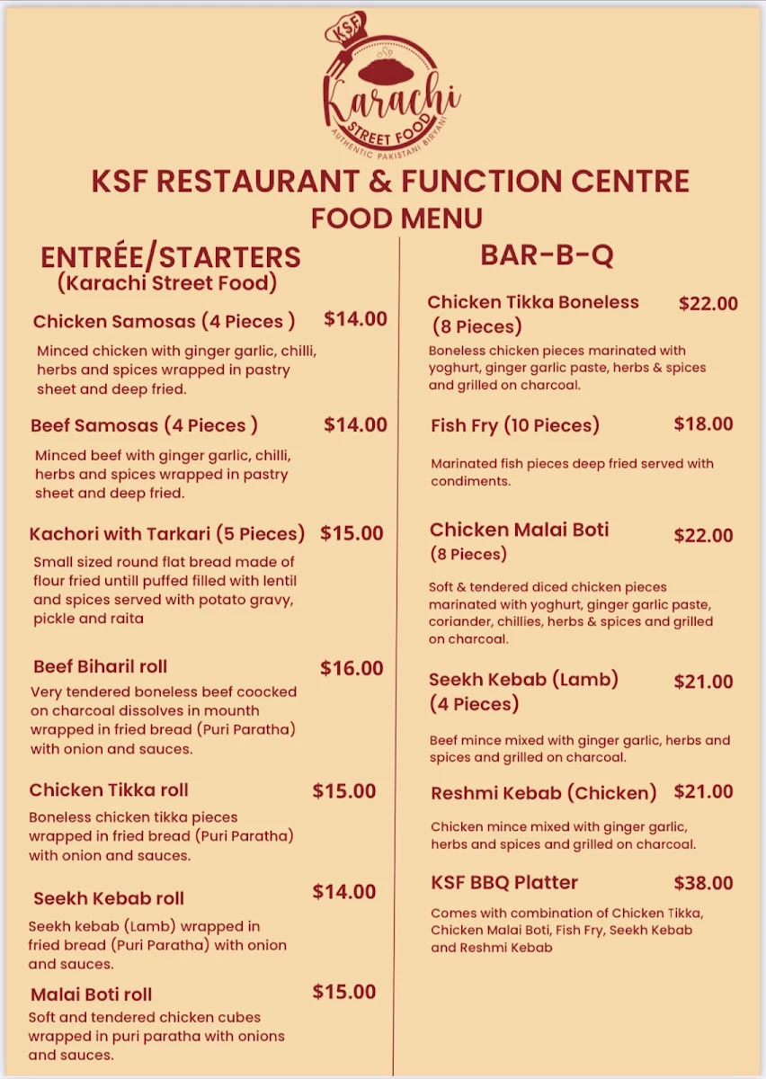 Menu, Karachi Street Food Restaurant (Westmeadows)