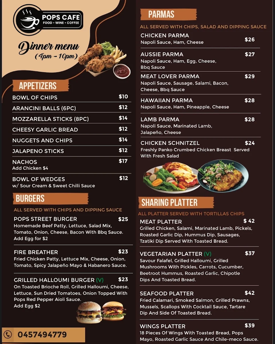 Menu, Pops Cafe Bar Mount Eliza