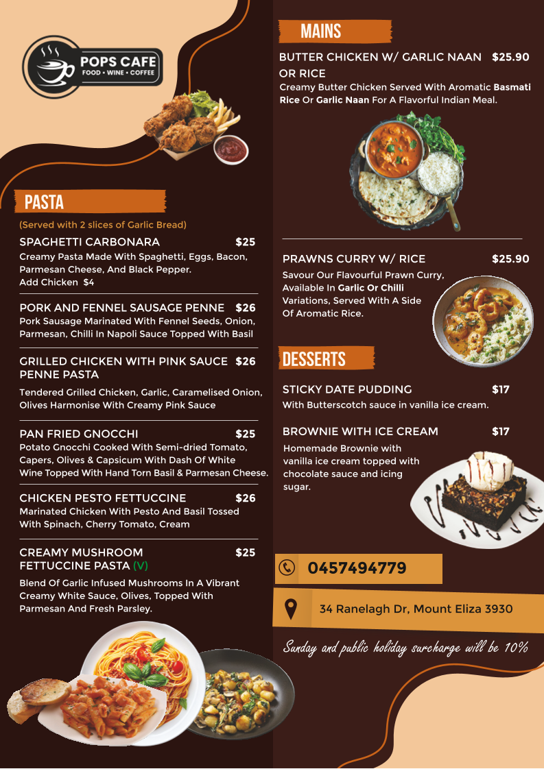 Menu, Pops Cafe Bar Mount Eliza