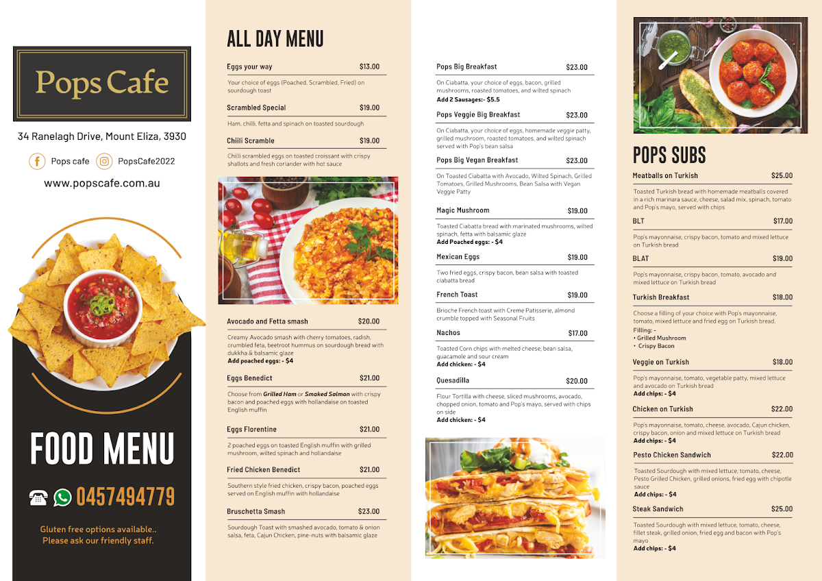 Menu, Pops Cafe Bar Mount Eliza